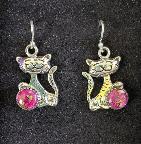 Silver Cat Earrings with Pink Dahlia Stones - Picture 2 of 5